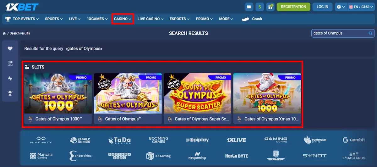 1xBet Gates of Olympus Screenshot